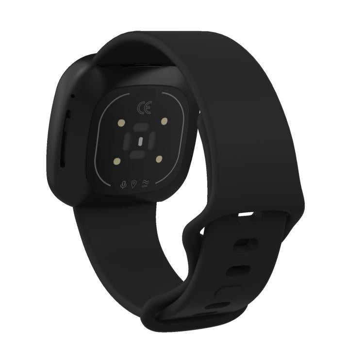 Black silicone smartwatch band shown from the back, with sensor contacts visible.