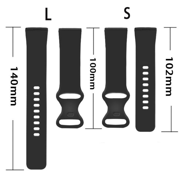 Black silicone watch band pieces in small and large sizes with length measurements.