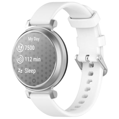 White silicone watch band with silver buckle on a silver Garmin Lily 2 watch.