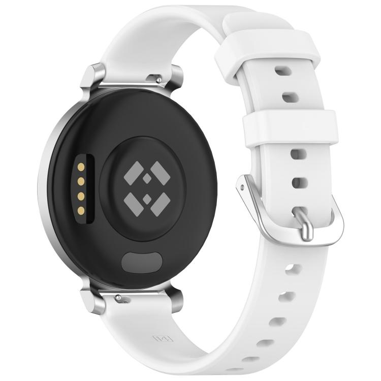 White silicone watch band fitted to the back of a silver Garmin Lily 2 watch.