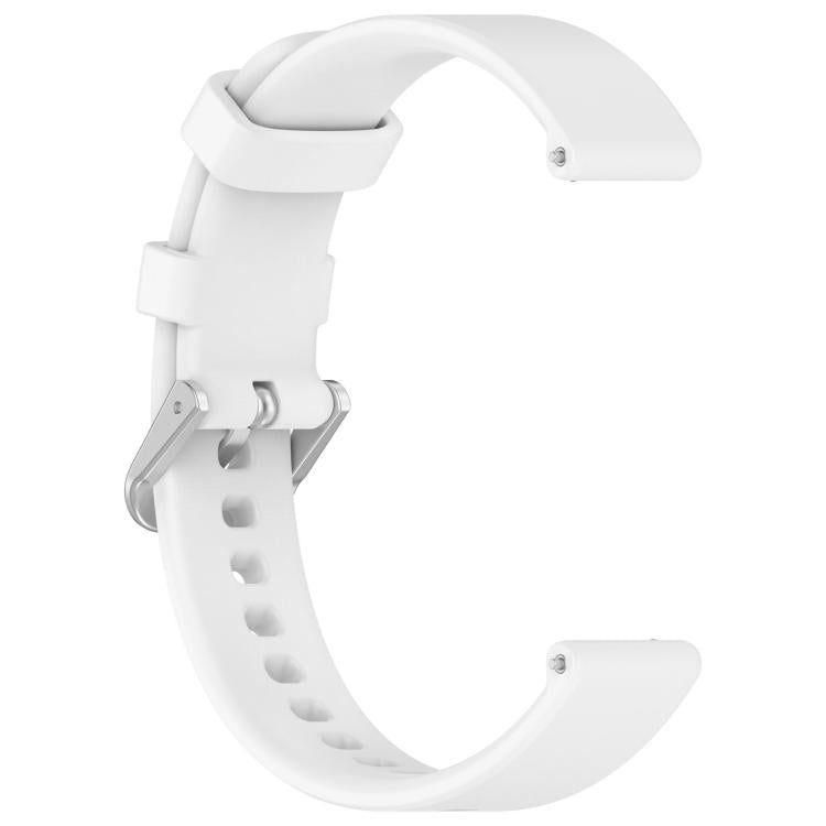 White silicone watch band with quick-release pins and silver buckle, shown from the reverse side.