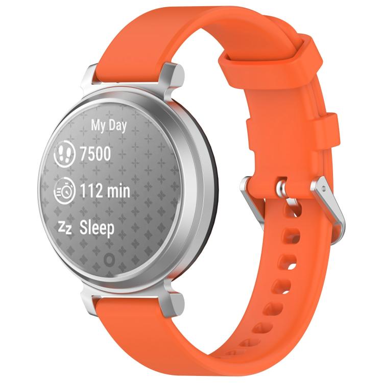 Bright orange silicone watch band with silver buckle on a silver Garmin Lily 2 watch.