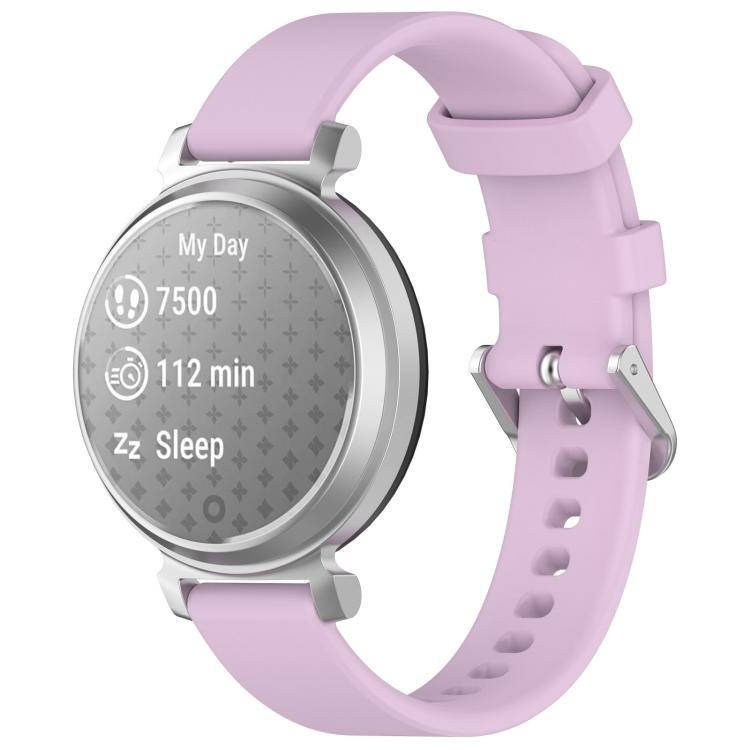 Light purple silicone watch band with silver buckle on a silver Garmin Lily 2 watch.