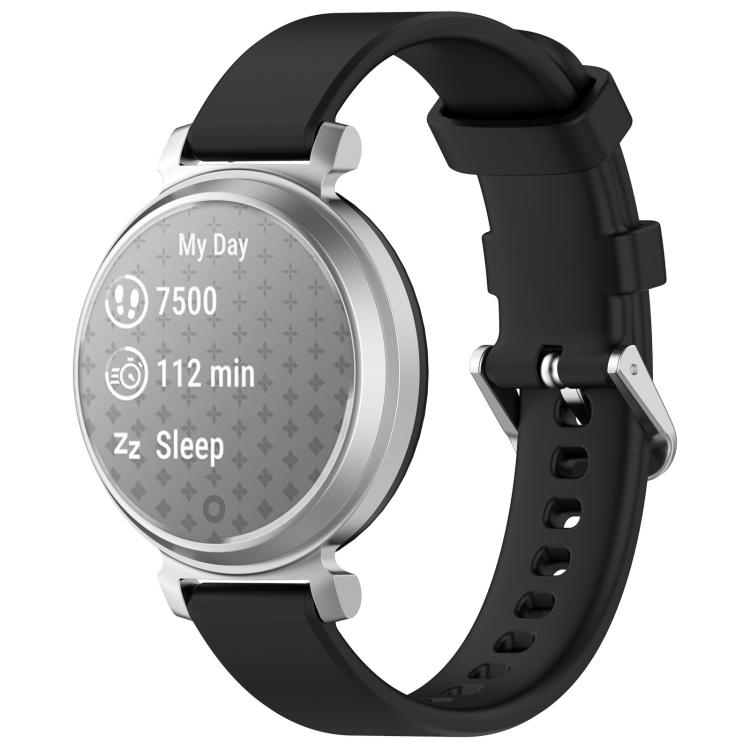 Black silicone watch band with silver buckle on a silver Garmin Lily 2 watch.