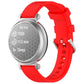 Red silicone watch band with silver buckle shown on a silver Garmin Lily 2 watch.
