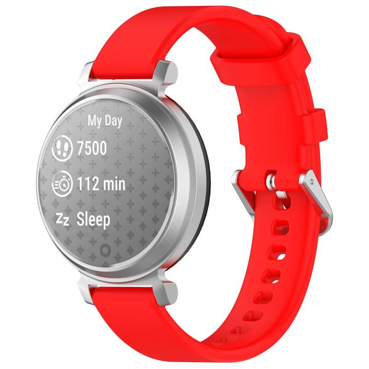 Red silicone watch band with silver buckle shown on a silver Garmin Lily 2 watch.
