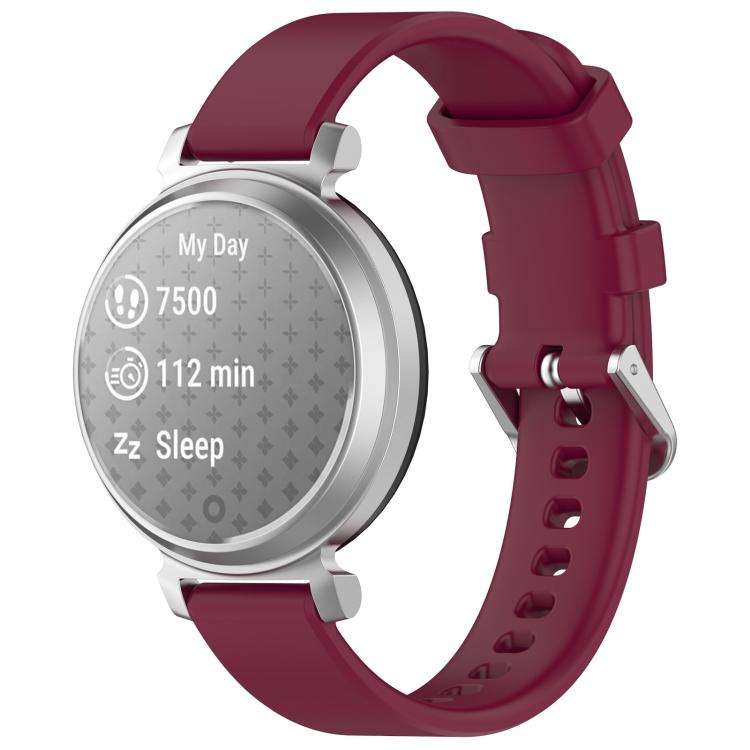 Wine red silicone watch band with silver buckle on a silver Garmin Lily 2 watch.