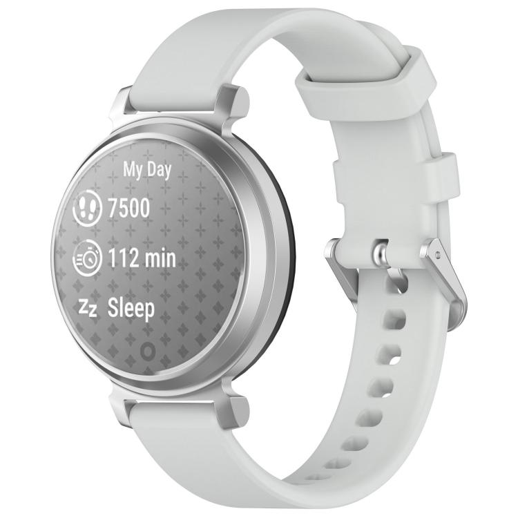 White silicone watch band with silver buckle shown on a silver round smartwatch.