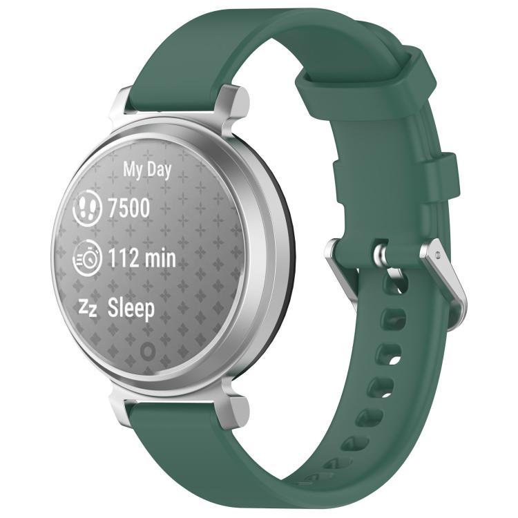 Dark green silicone watch band with silver buckle shown on a silver round smartwatch.