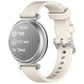 Cream silicone watch band with silver buckle shown on a silver round smartwatch.