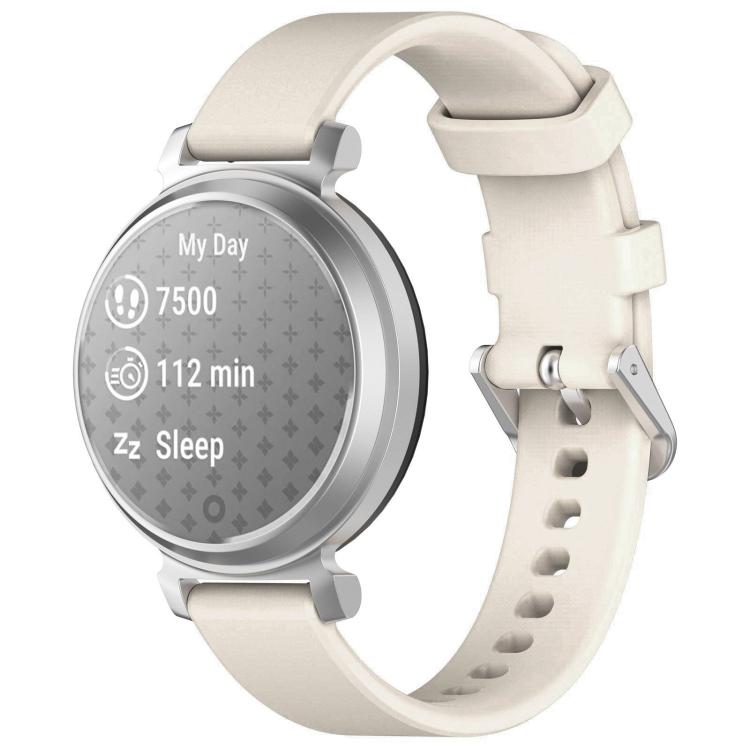 Cream silicone watch band with silver buckle shown on a silver round smartwatch.