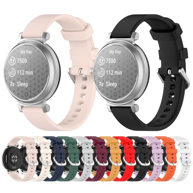 Silicone watch bands in assorted colors, including pale pink and black, shown on smartwatches.