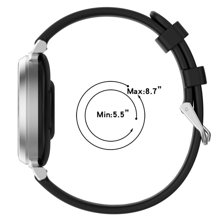 Black silicone watch band shown in profile with a silver buckle and wrist-size range diagram.
