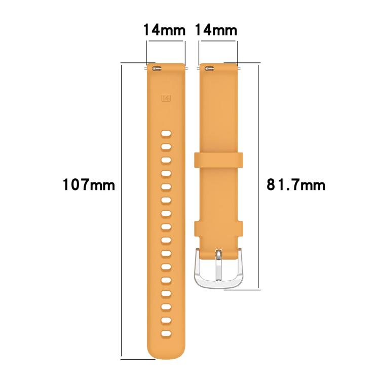 Orange silicone watch band shown as two straps, with width and length measurements.