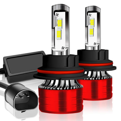 Set of 2 LED headlight bulbs with silver housings, red heatsinks, and black bases