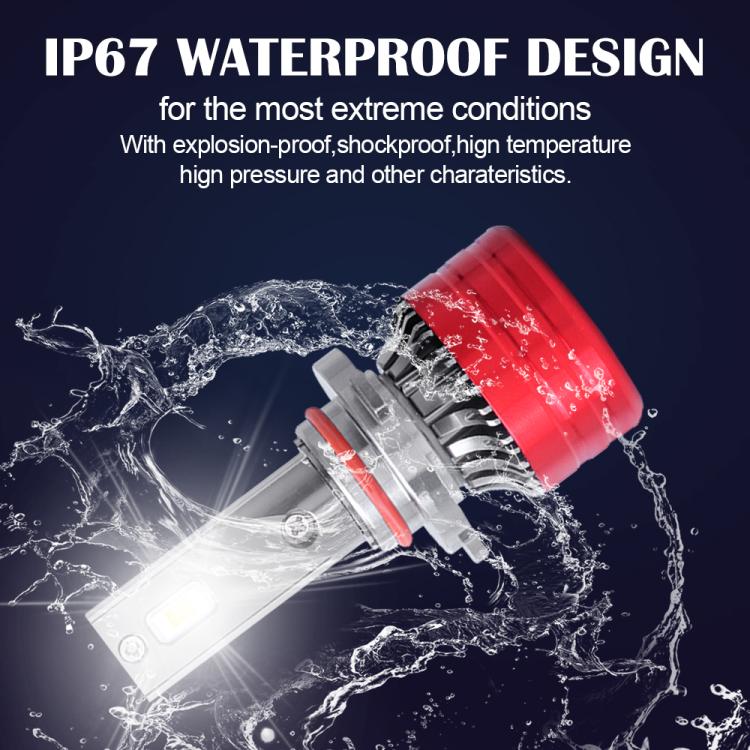 Waterproof LED headlight bulb with silver body and red heatsink, shown with splash