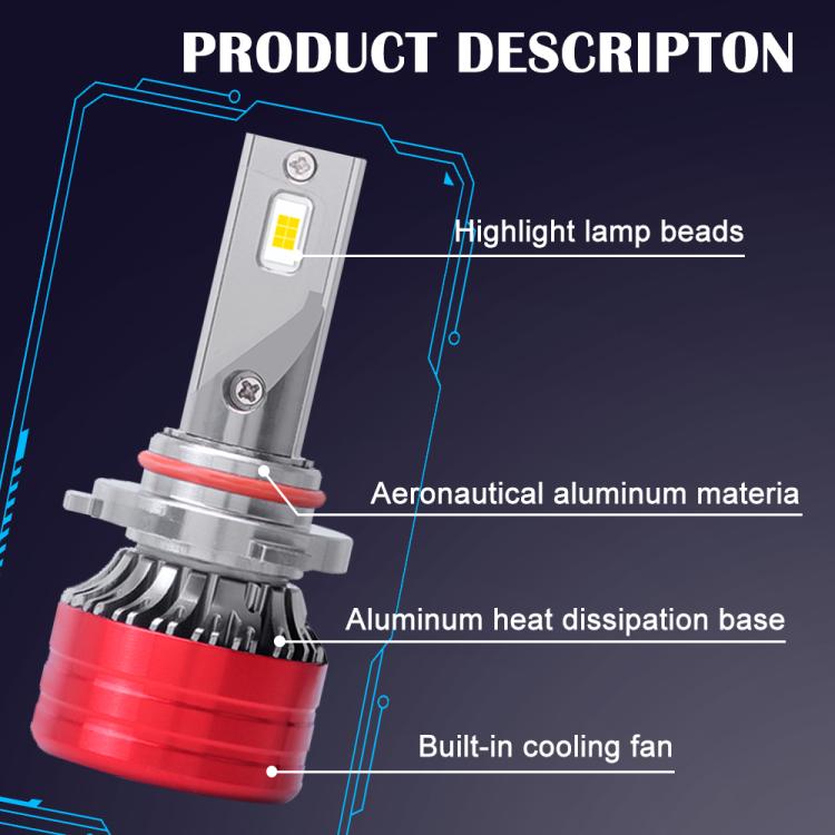 LED headlight bulb cutaway showing silver aluminum body, red heatsink, and cooling fan