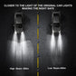 LED headlight beam pattern on roadway, showing wider high beam and lower beam