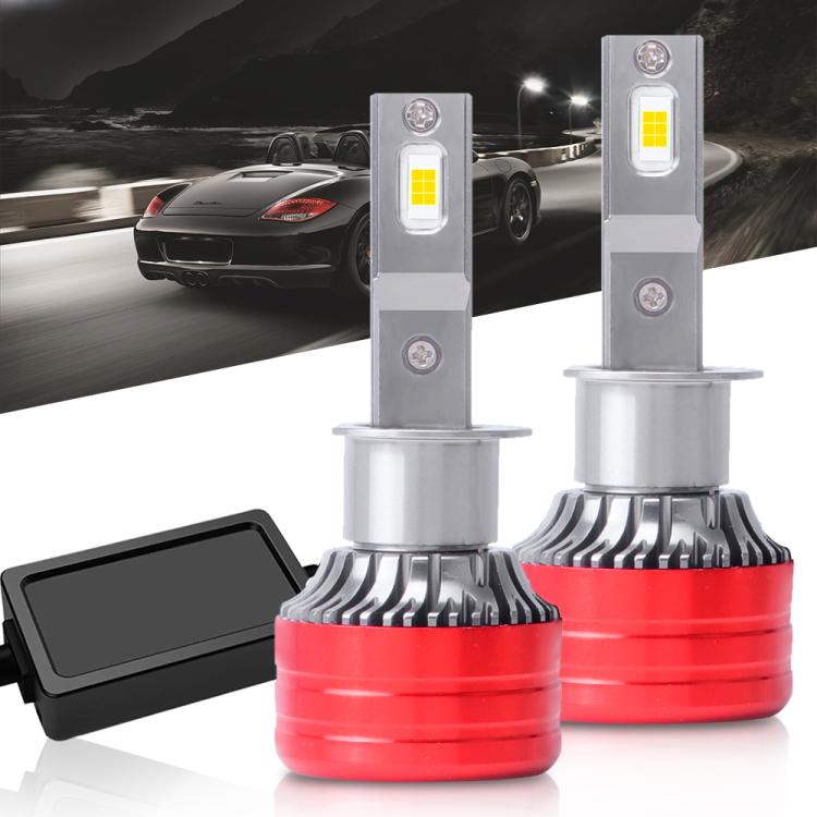 LED headlight bulbs pair with red heat sinks, silver housings, and black side cover