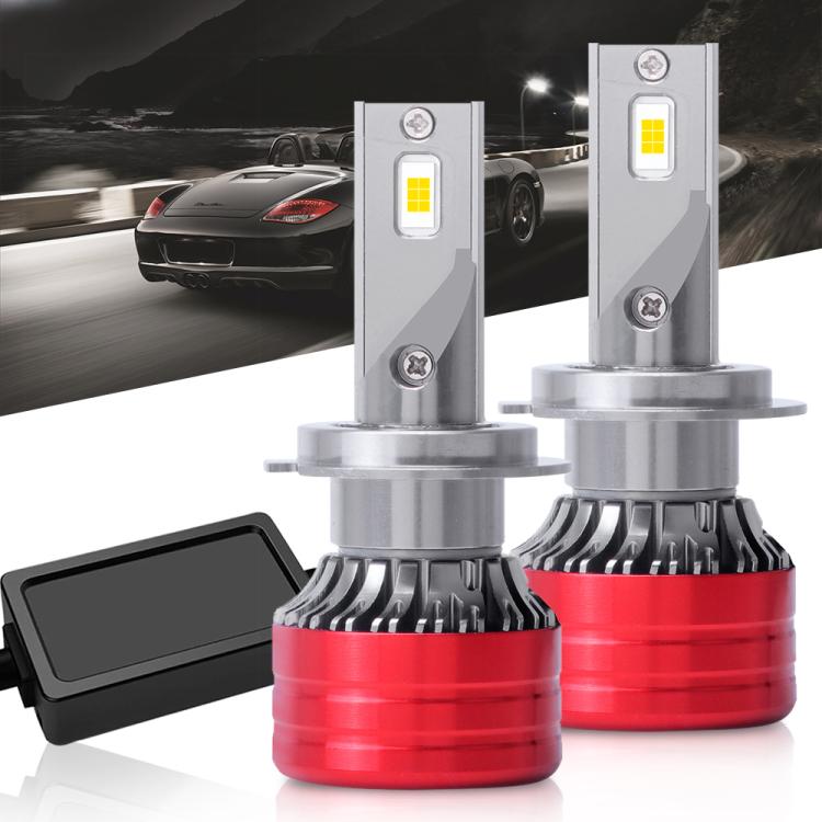 LED headlight bulb pair with red heat sinks, silver housings, and black dust cover