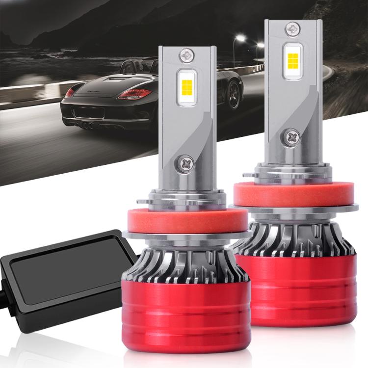 LED headlight bulbs pair with red heat sinks and silver housings, installed-ready shape