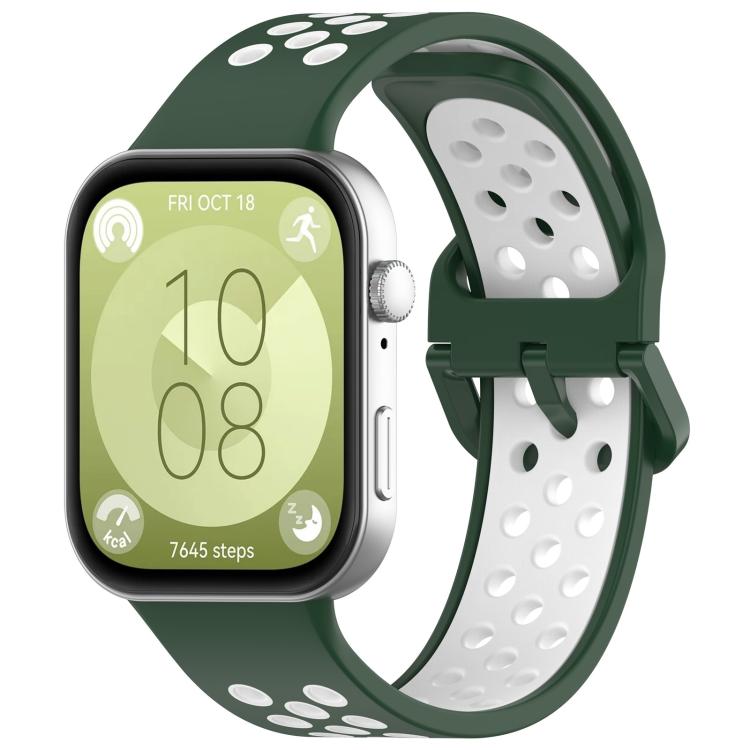 Dark green and white perforated silicone sports watch band shown on a smartwatch