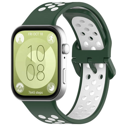 Dark green and white perforated silicone sports watch band shown on a smartwatch
