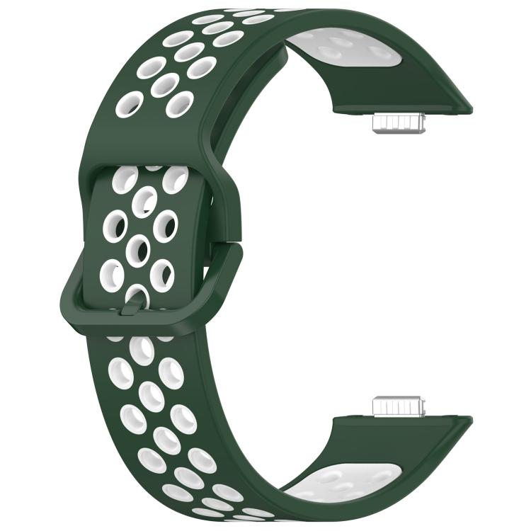 Dark green and white perforated silicone watch band with buckle and connector ends
