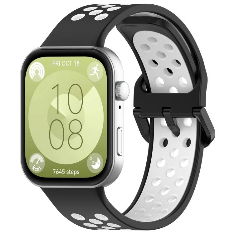 Black and white perforated silicone sports watch band shown on a smartwatch