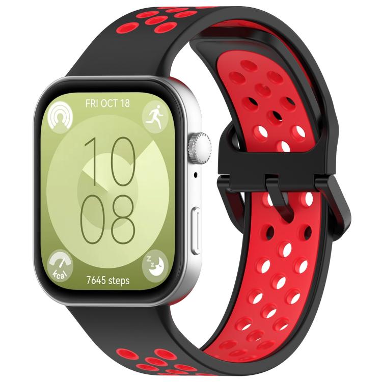 Black and red perforated silicone sports watch band shown on a smartwatch