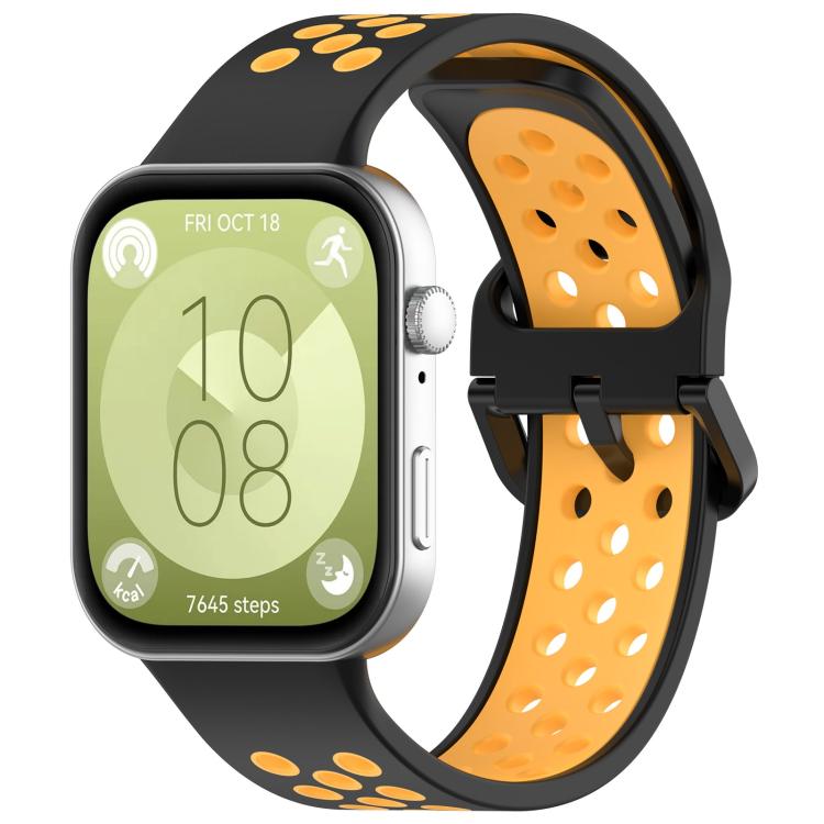 Black and orange perforated silicone sports watch band shown on a smartwatch