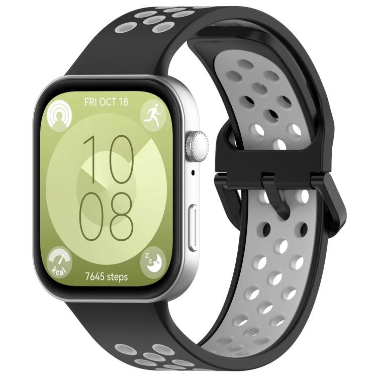 Black and gray perforated silicone sports watch band shown on a smartwatch