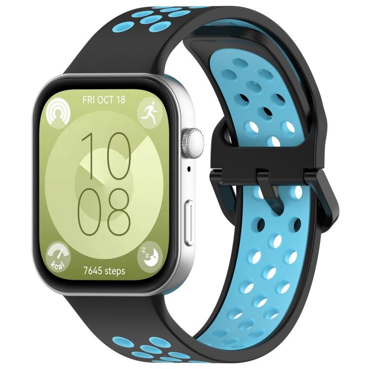 Black and blue perforated silicone sports watch band shown on a smartwatch