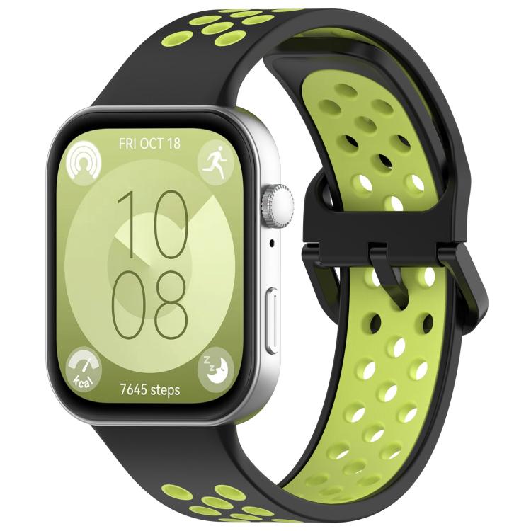 Black and lime green perforated silicone sports watch band shown on a smartwatch