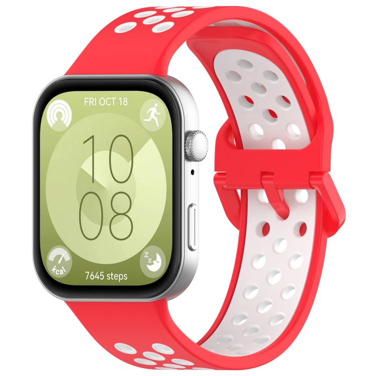 Red and white perforated silicone sports watch band shown on a smartwatch