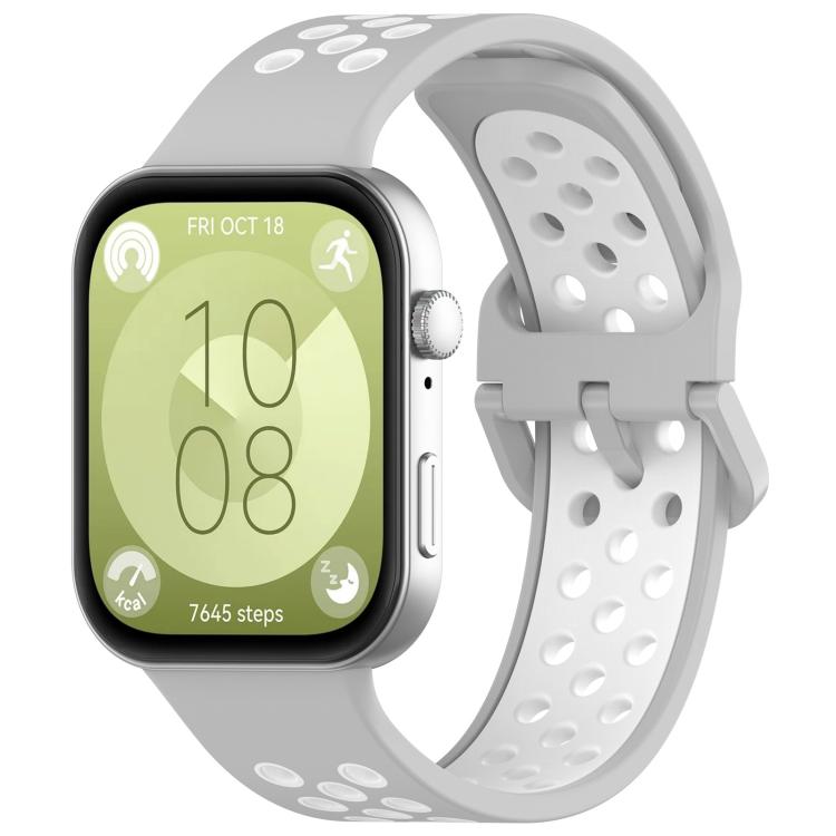 Light gray and white perforated silicone sports watch band shown on a smartwatch