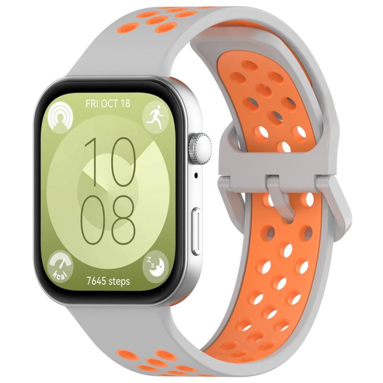 Two-tone silicone sports watch band in gray and orange, with perforations and buckle