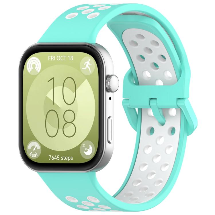 Two-tone silicone sports watch band in turquoise and white, with perforations