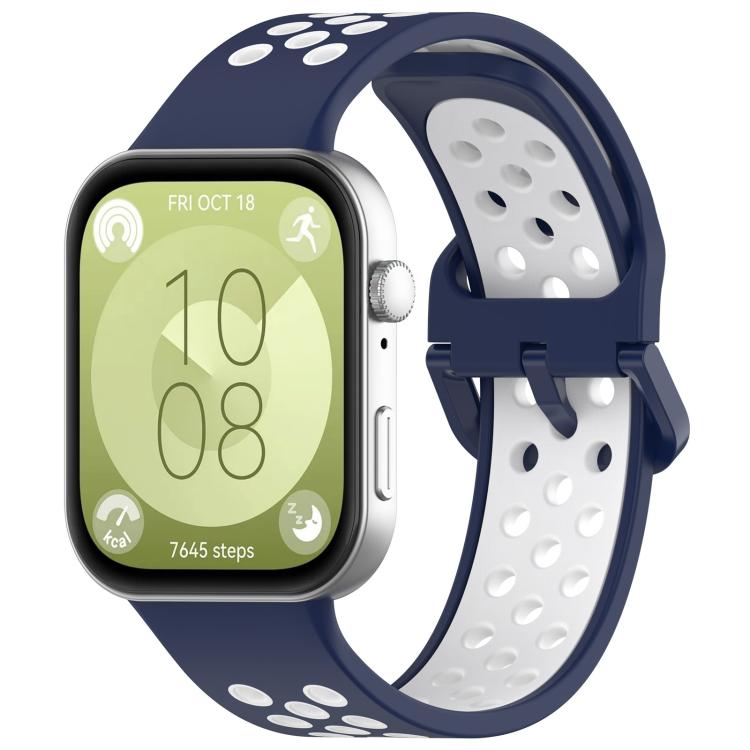 Two-tone silicone sports watch band in navy and white, with perforations