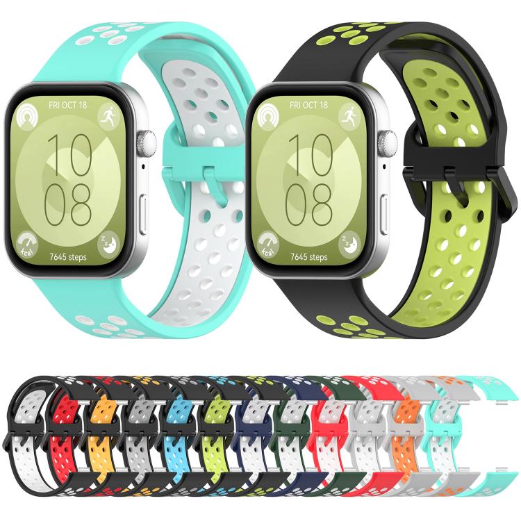 Perforated silicone sports watch bands in turquoise and white, and black and lime green