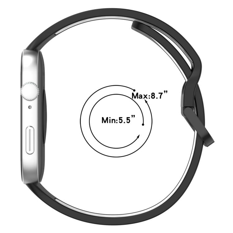 Black silicone sports watch band shown with a wrist circumference range of 5.5 to 8.7 inches