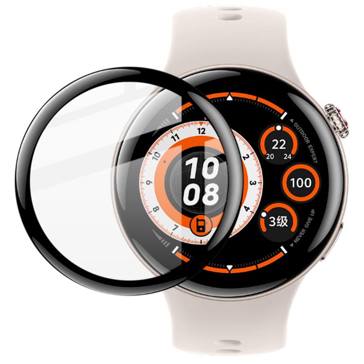 Clear screen protector shown beside a smartwatch with a black and orange dial