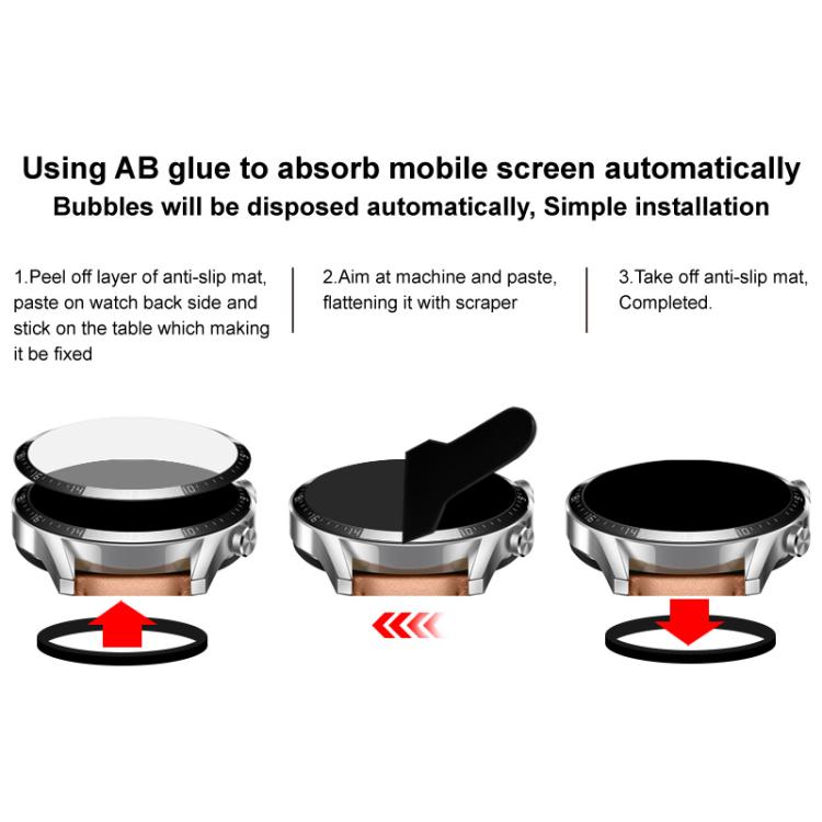 Three-step diagram showing installation of a round watch screen protector