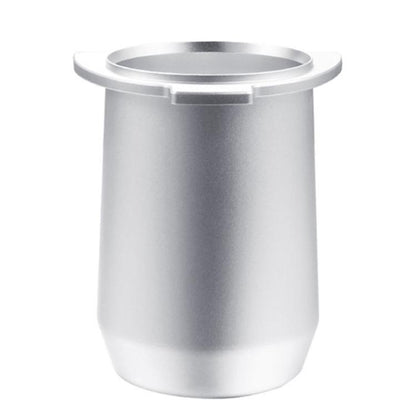 Silver coffee powder dosing cup for espresso machine, with side dispensing latch