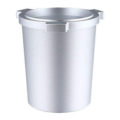 Silver coffee dosing cup with handle for holding and collecting coffee powder