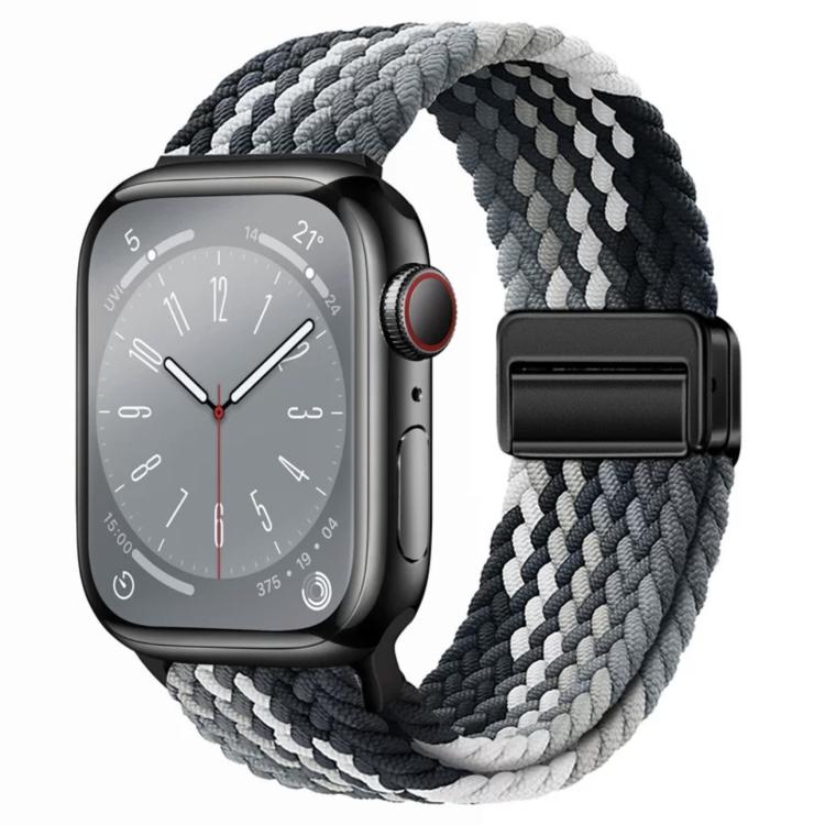 Woven watch band with magnetic buckle in black, gray, and white