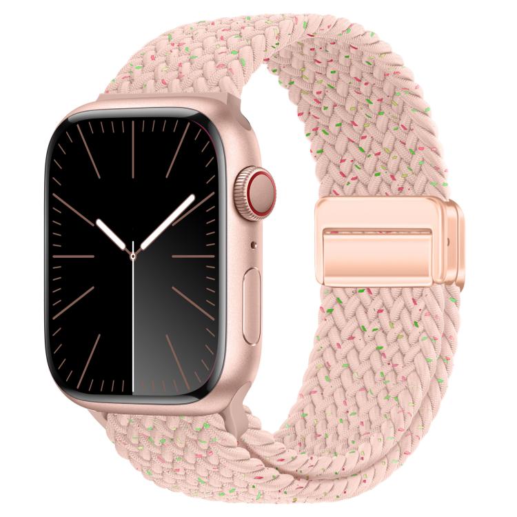 Pale pink woven watch band with multicolor flecks and magnetic buckle