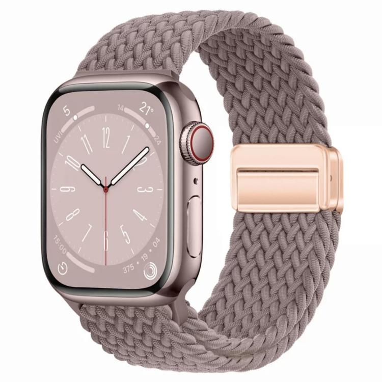 Woven magnetic watch band in dusty mauve, shown with a rose gold smartwatch.