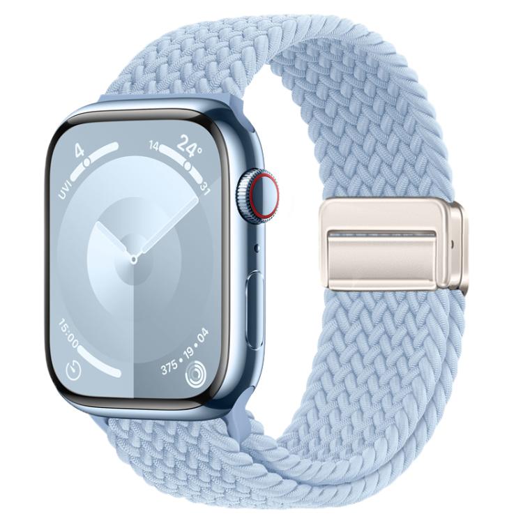 Light blue woven magnetic watch band with a smartwatch.