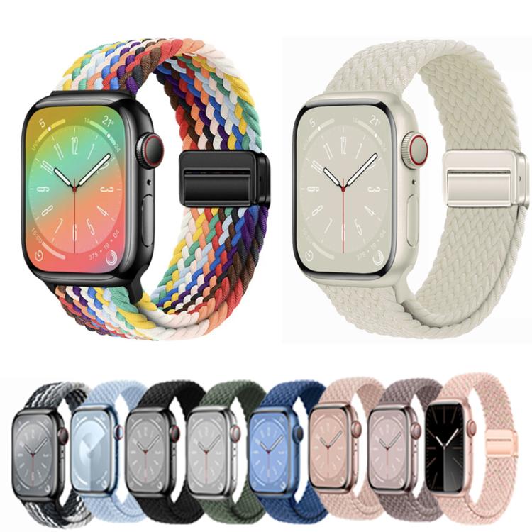 Woven magnetic watch bands in multicolor and cream, with a lineup of available colors.